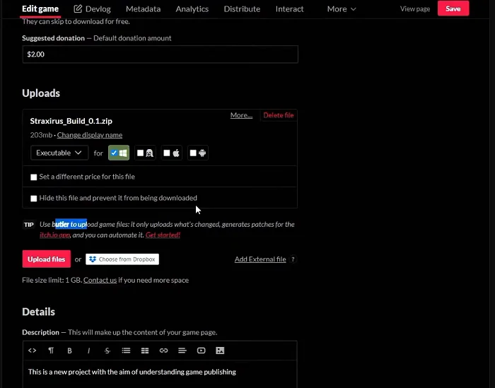 Загрузка игры на itch.io интерфейс загрузки файлов настройка платформы и описание проекта для публикации инди-игры