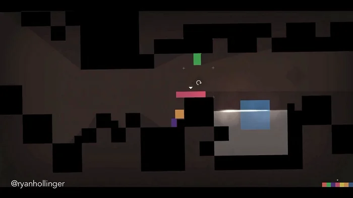Скриншот минималистичной 2D-платформенной игры с геометрическими фигурами и темным фоном от ryanhollinger