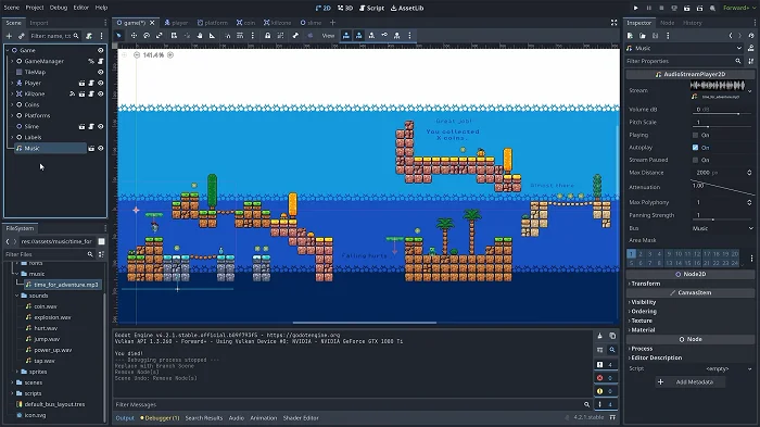 Интерфейс Godot Engine разработка 2D-платформера редактор сцен и аудиоаудиоинспектор